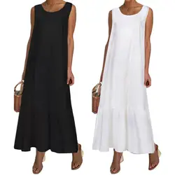 Loose dress Vintage Women Solid Color Sleeveless O Neck Pleated Large Hem Loose Tank Dress women Large Hem Loose Tank Dress