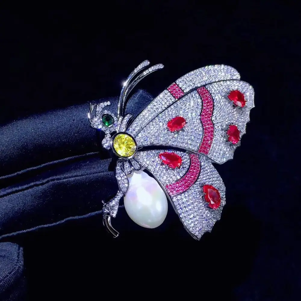 

natural fresh water pearl 925 sterling silver with cubic zircon butterfly insect brooch pins fine women jewelry