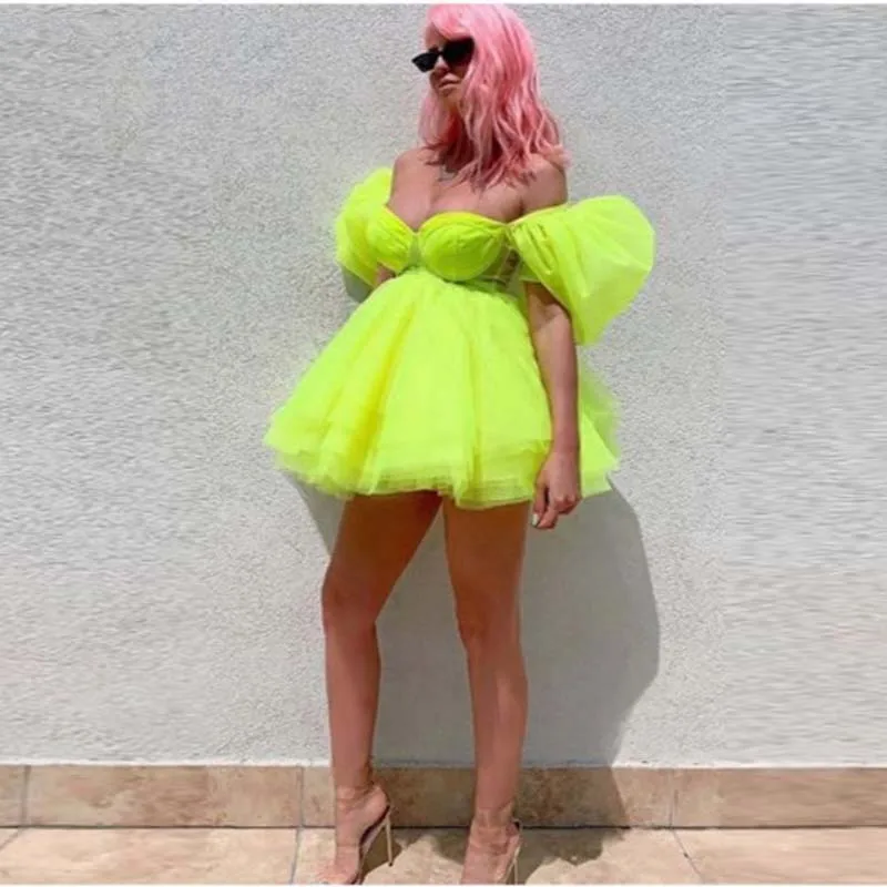 Trendy Fluorescent green Above Knee Ball Gown Party Dresses Off Shoulder Extra Puffy Tulle Women Formal Dresses Custom Made