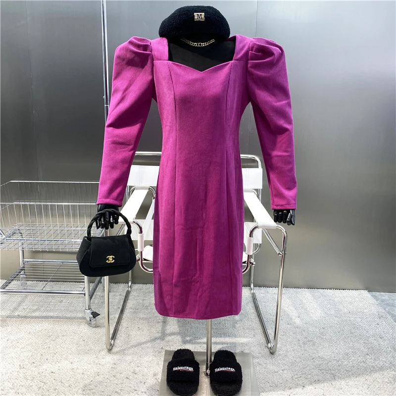 

New 2021 French Retro Square Neck Bubble Sleeve Dress Light Cooked Long Sleeve Cotton Clip Waist Slim Corduroy Straight Dress