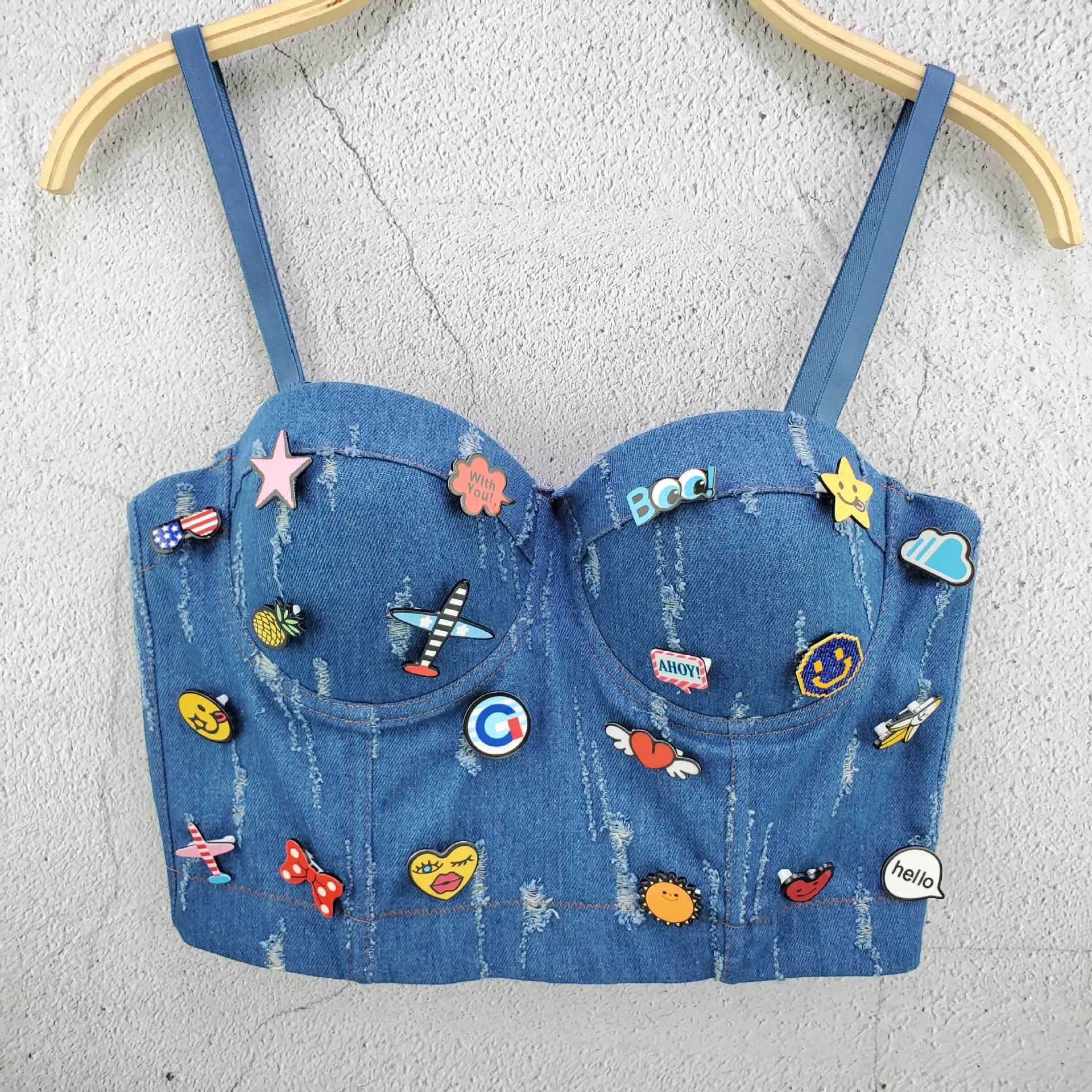 Irene Tinnie Sexy Cute Hole Cartoon Decoration Push Up Bustier Women\'s Denim Bralette Cropped Top Vest Plus Size