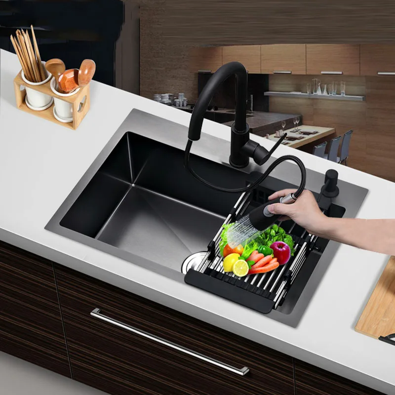 Stainless Steel Kitchen Sinks Black Single Bowel  Sink Above Counter and Udermount Vegetable Washing Basin WF1105