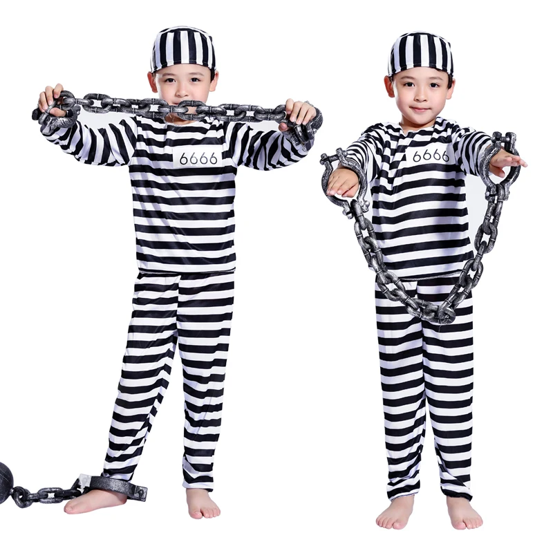 Carnival Party Halloween Cosplay Prisoner Costume for Men Women Kids Child Family Violent Prisoner Costumes Fancy Dresses Set