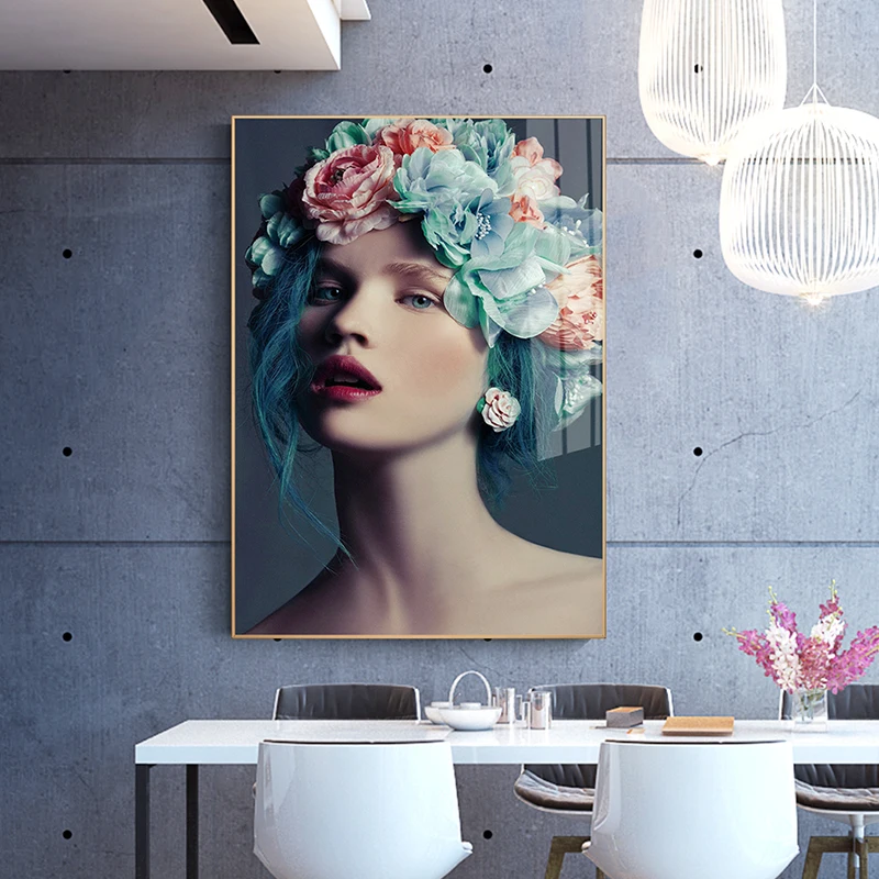 Colorful Flowers Headband Woman Model Avatar Girl Wall Art Canvas Painting Posters And Prints Pictures Living Room Home Decor