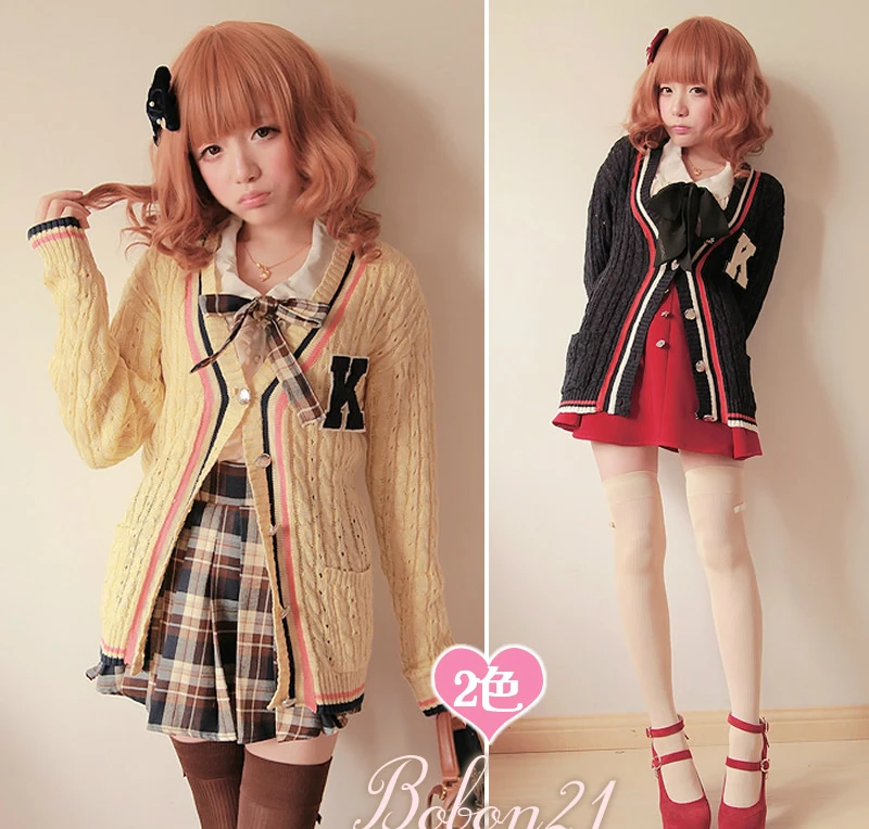 

Princess sweet lolita sweater Bobon21 spring new arrival preppy style small k twist knitted stripe cardigan letter medal t0988