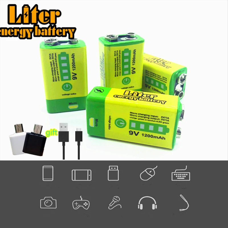 2 Buah USB 9V 1200MAh Lithium Li-po Isi Ulang Baterai dengan Kabel Usb Mikro untuk Mikrofon Mainan Remote Kontrol KTV
