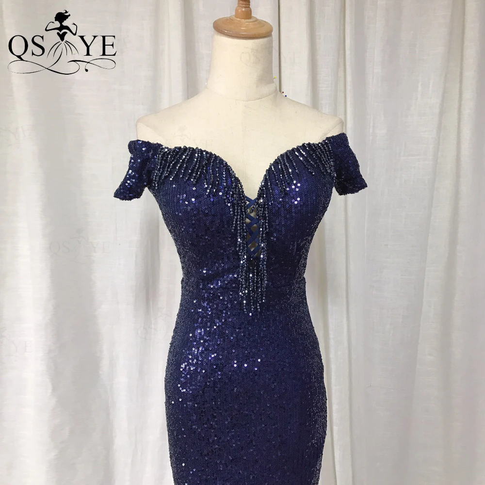 QSYYE – robe de soirée de forme sirène en paillettes bleu marine, épaules dénudées, longue, manches latérales, Sexy, élégante, avec perles