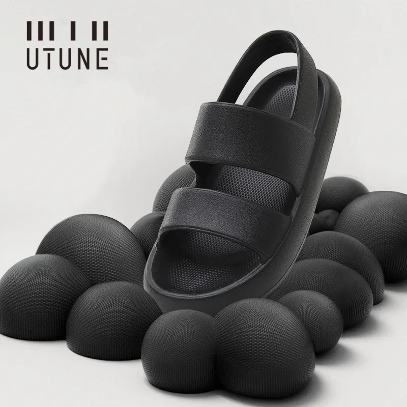 UTUNE Men\'s Sandals Summer Platform Shoes Women Beach Outside EVA Slippers Man Soft Thick Sole Non-slip Indoor Slides Cool Black