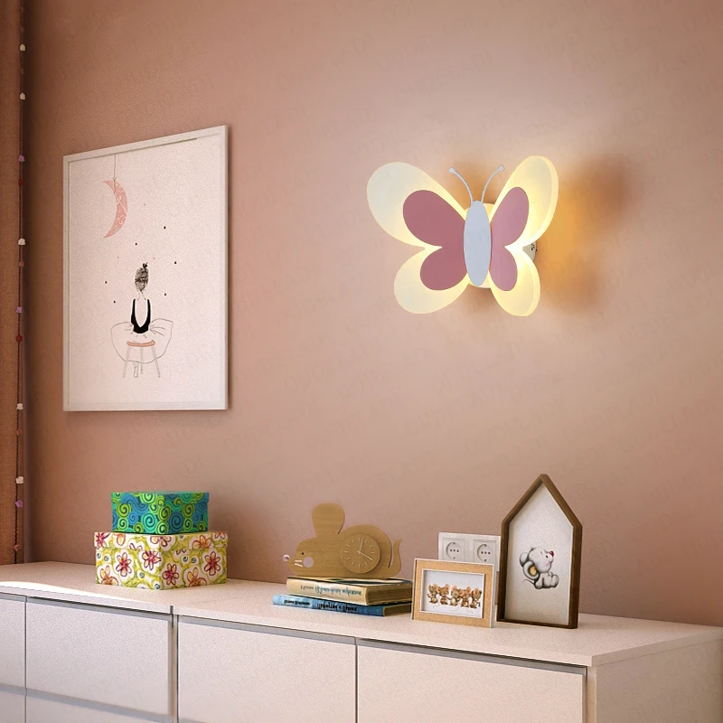 Pink Butterfly Wall lamps girl room lamp creative cartoon children bedroom bedside wall sconce Aisle ceiling lamp Luminaires