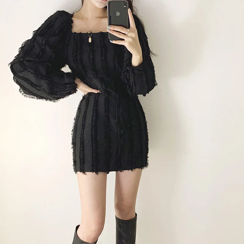 

Puff Long Sleeve Fringe Dress Mini Chiffon Vestido Corto Black Elegant Dresses Woman Party Night Spring 2020 De Festa Ropa Mujer