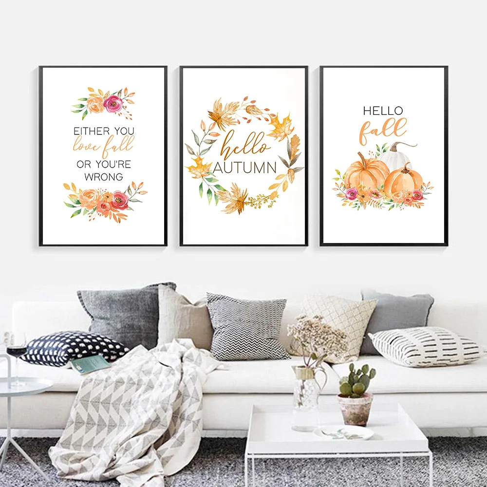 Hello Fall Autumn Quote Wall Pictures Children Cartoon Art Poster and Print Flower Wreath Pumpkin Canvas Painting Home Decor