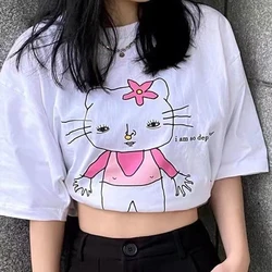 Japan Harajuku Style Funny Kitty Printed Tees For Girls White Plus Size Cotton Round Neck Top Short Sleeve Grunge T shirt Women