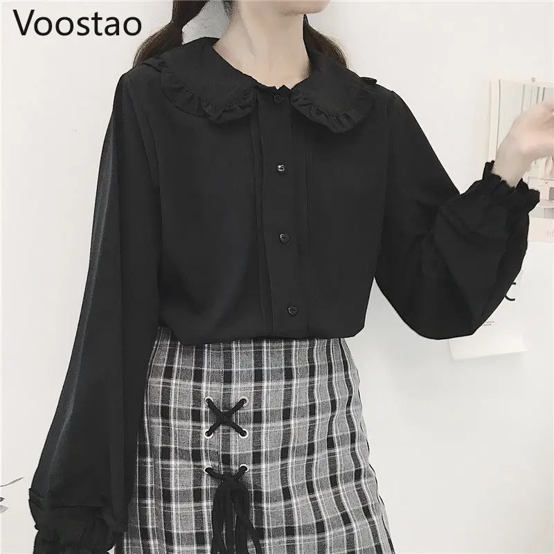 Autumn Winter Japanese Style Lolita Shirts Girly Peter Pan Collar Lantern Long Sleeve Tops Women Sweet Blouses Wear With Dress