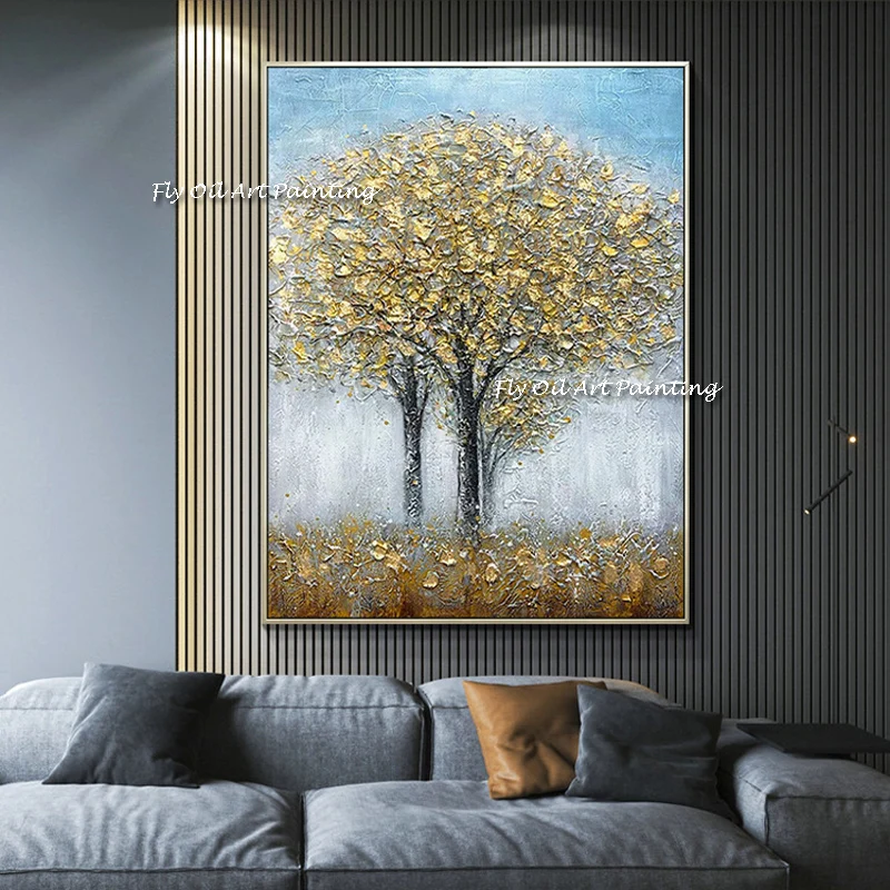 100% Handmade High Skills Painter Team Directly Supply High Quality Abstract Gold Foil Tree Landscape Oil Painting Picture