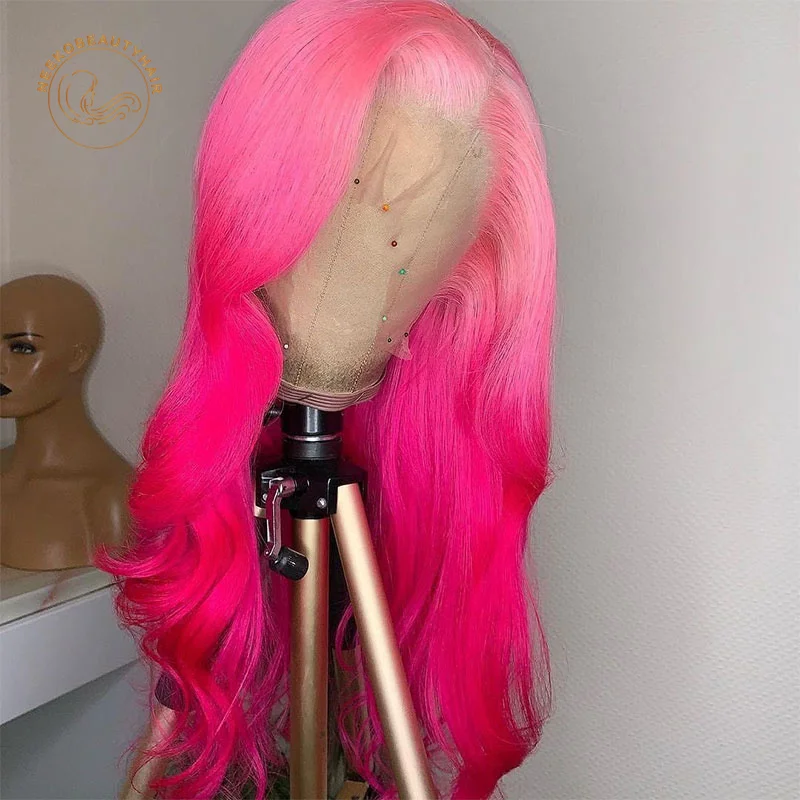 Peluca de cabello humano ondulado, postizo de encaje Frontal, ombré, rosa claro, rosa oscuro, 13x4, 180% de densidad, 2 tonos de color