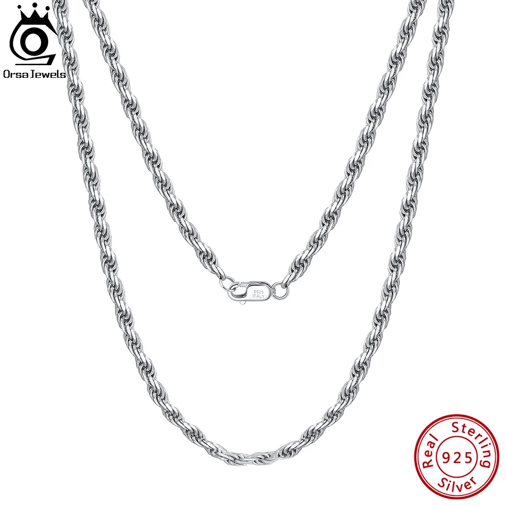 ORSA JEWELS Italian Handmade 925 Sterling Silver 3.3mm Thick Diamond-Cut Rope Chain Necklace for Man Woman Matching Chain SC29