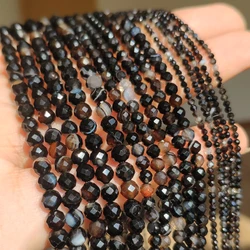 Natural Black Stripes Agates 2/3/4mm Faceted Loose Round Mineral Beads for Jewelry Making DIY Christmas Gift Bracelets 15inch