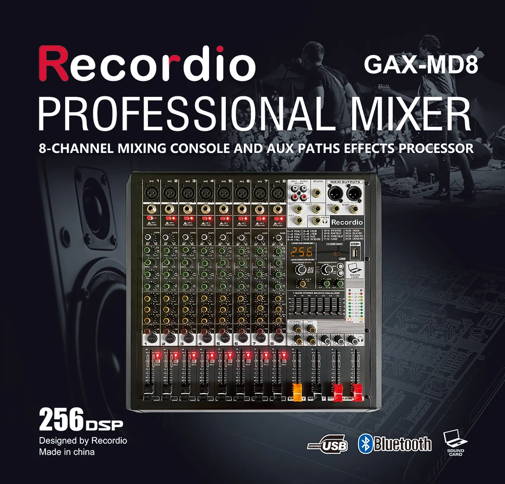 GAX-MD8 Pro 8 Channel DJ Controlle with 256 DSP Reverb effect BT 5.0 USB Mixer USB for Karaoke PC Recording Condenser Mic