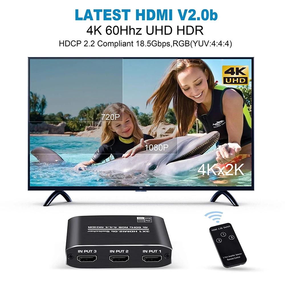 Navceker 4K 60Hz Mini 3 Port przełącznik HDMI rozdzielacz przełącznik HDMI 2.0 4K 1080P HDR 3 w 1 Port koncentratora na DVD HDTV Xbox PS3 PS4