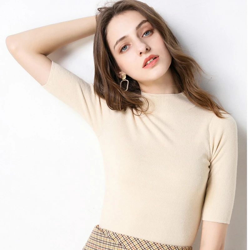 2020 Spring Autumn New Women Sweater Short-sleeved Bottoming Shirt Women's Pullover Top Sweater Mid-sleeve Slim-fit Knit Sweater