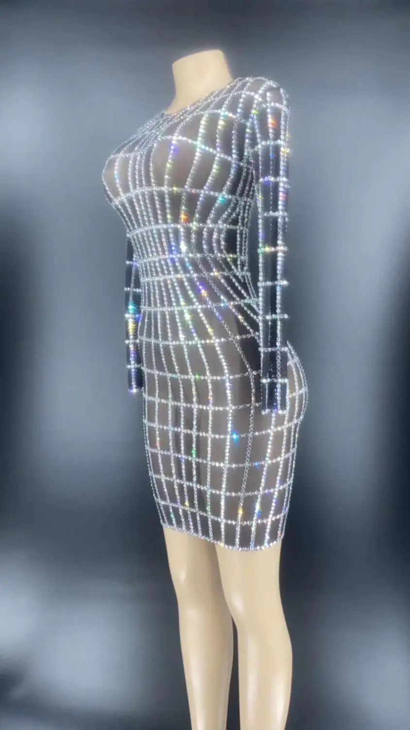 جديد سباركلي الراين فستان شبكي شفاف المرأة عيد ميلاد احتفال حفلة الزي بار المغني طويلة الأكمام الرقص فساتين قصيرة