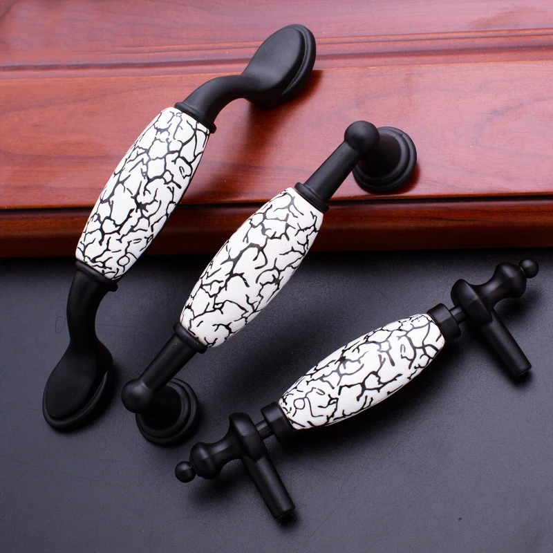 4 Pcs Black White Door Handles Country Style Ceramic Drawer Pulls Knob Kitchen Cabinet Handles and Knobs Furniture Handles