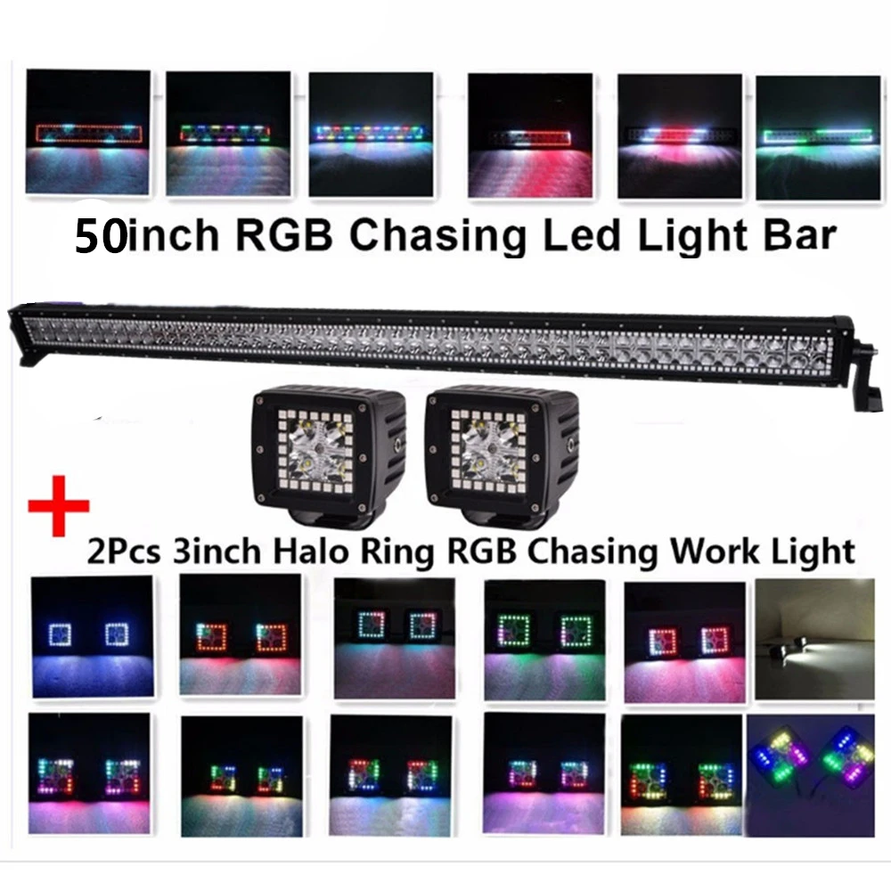 

288W 50 "Разноцветная светодиодная панель Bluetooth Offroad с парой светодиодных противотуманных фар RGB Halo 3x3 для внедорожника, квадроцикла, грузовика, автомобиля 4x4, аксессуаров