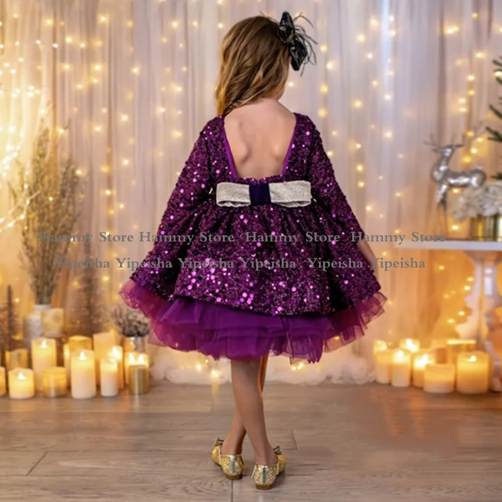 Robe de demoiselle d'honneur à paillettes violettes, à manches longues, robe de bal à paillettes, robe de concours d'anniversaire, robe de Communion