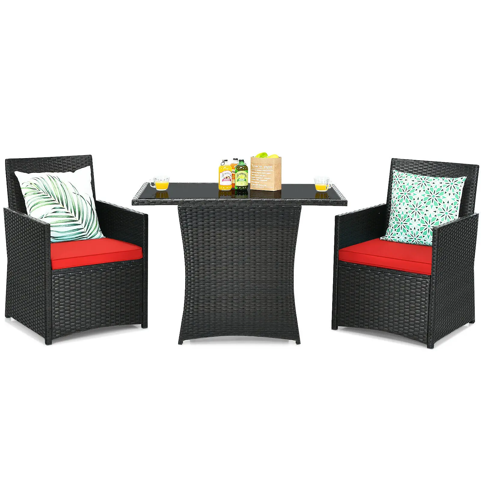 Patiojoy 3PCS Patio Rattan Furniture Set Cushion Sofa Armrest Garden Deck Red  HW68178RE