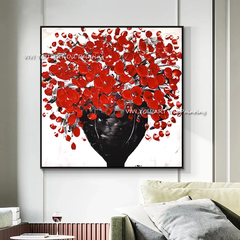 Hand Painted Textured Palette Knife Red Flowers Oil Paintings Abstract Modern Canvas Wall Art For Living Room Home Decoration