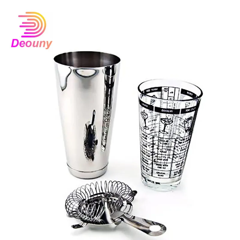 

DEOUNY 3Pcs Boston Shaker Silver Glass Measuring Cocktail Shaker Bartender Kit With Strainer Home 700/400ML Bar Accessories Set