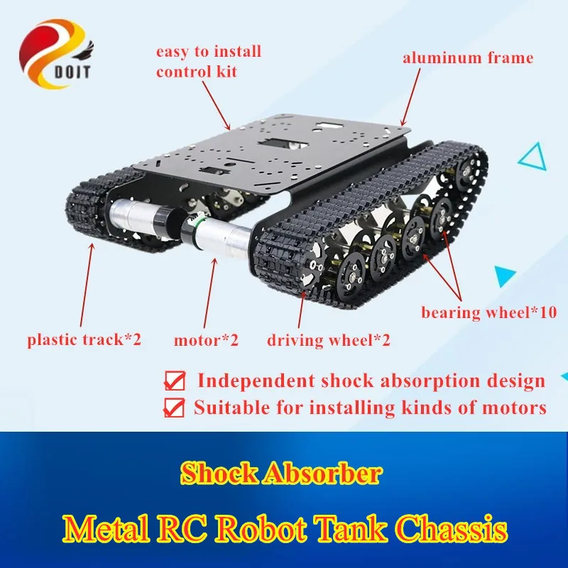 Shock Absorber Metal RC Robot Tank Chassis Kit with Track, DC Motor, Tracked Mobile Platform R3 Raspberry Pie