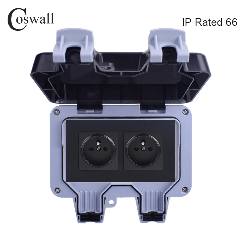 Coswall IP66 Weatherproof Waterproof Outdoor Wall Power Socket 16A Double French Polish Standard Electrical Outlet Grounded