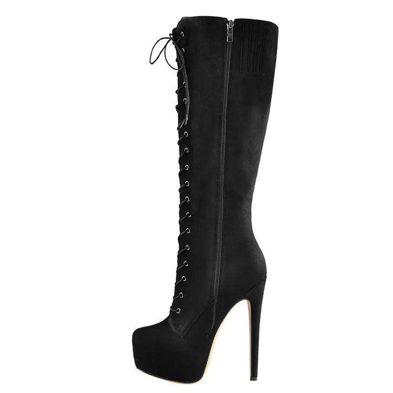 

Women's Round Toe Black Stiletto Platform Zipper Knee High Boots16CM High Heel Pattern Lace Up Plus Size Boots For Winter