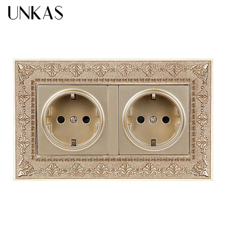 

UNKAS 16A Dual EU Standard Power Socket 4D Embossing Retro Zinc Alloy Panel AC 110~250V 146mm * 86mm