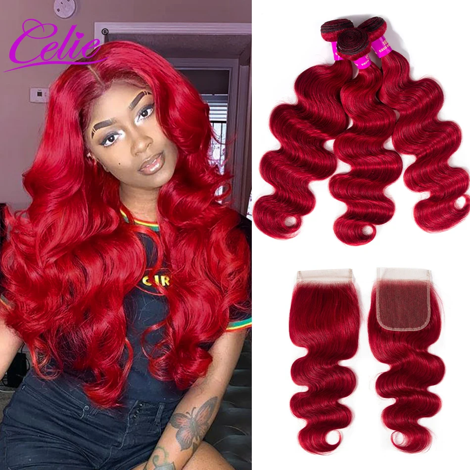 Celie Hair Red Body Wave Bundles With Closure Human Hair 3 Bundles With Closure Brazilian Hair Weave Bundles With Closure