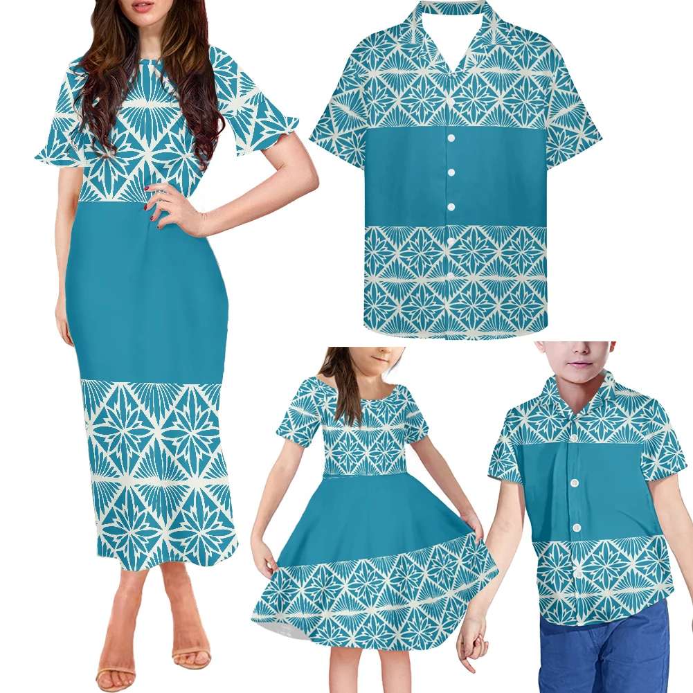 

HYCOOL Blue Polynesian Tribal Traditional Tattoos Print Couple Clothes Matching Party Family Outfits Summer Mommy And Me Outfits