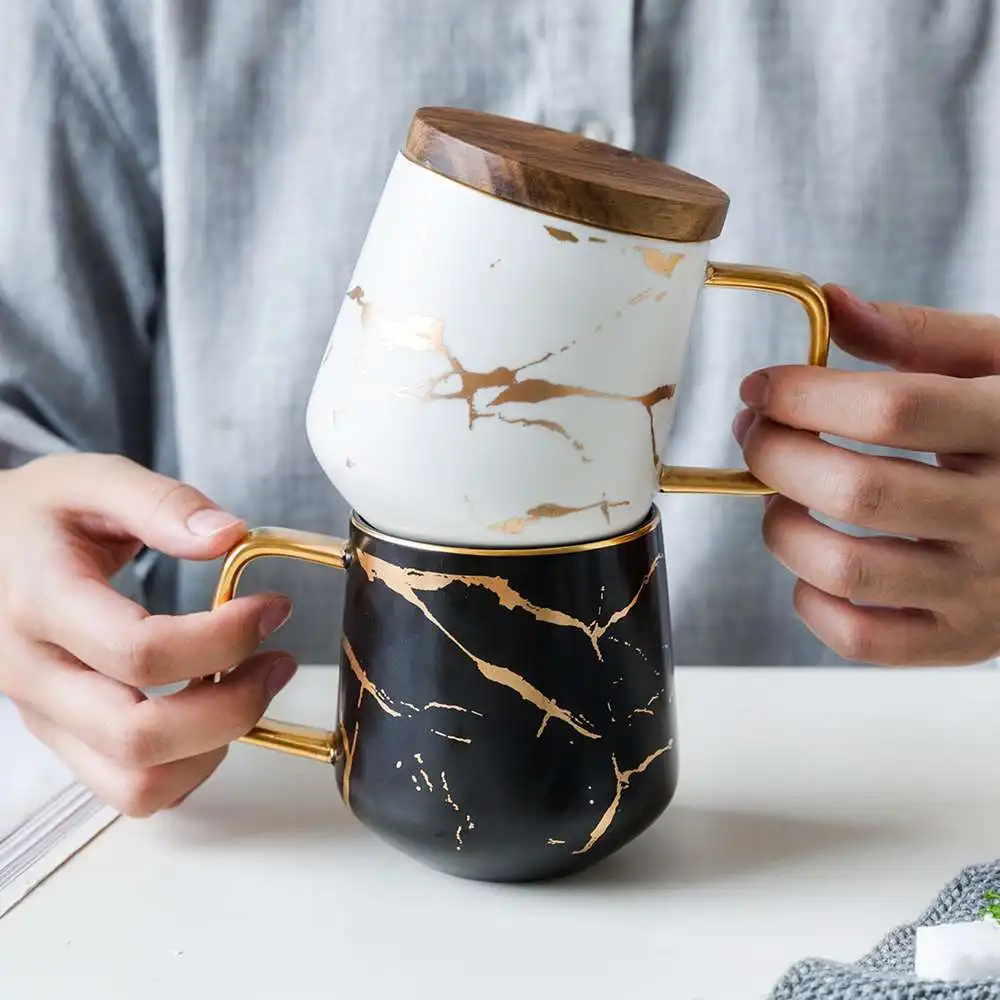 400ml Marble with Gold Inlay Ceramic Coffee Mugs with Wood Lid Matte Finish Black and White Office Drinking Milk Mugs Cups Gifts