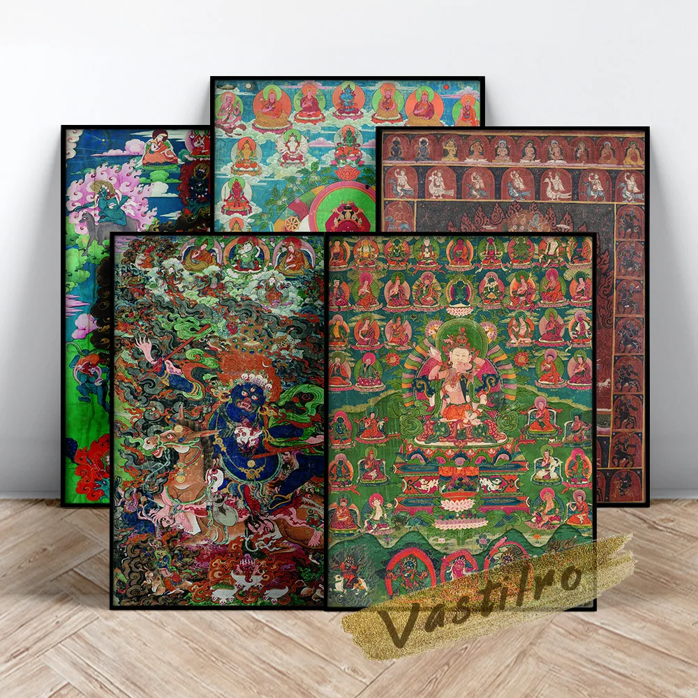 Tibetan Thangkas Art Prints Poster Dunhuang Frescoes Buddha Portrait Canvas Painting Bodhisattva Wall Picture Home Decor Gift