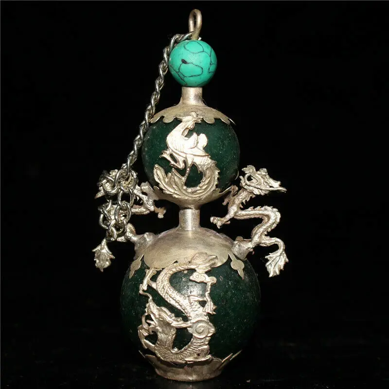 Chinese Exquisite Tibetan Silver Dragon Phoenix Inlay Green Jade Snuff Bottle