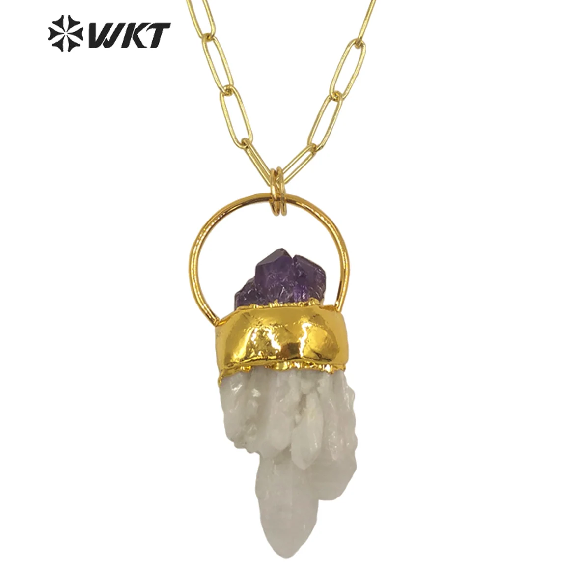 

WT-N1275 Unique New Design Popular Natural Cluster Quartz Necklace With Amethysts Decorative Fashion Gold White Crystal Necklace