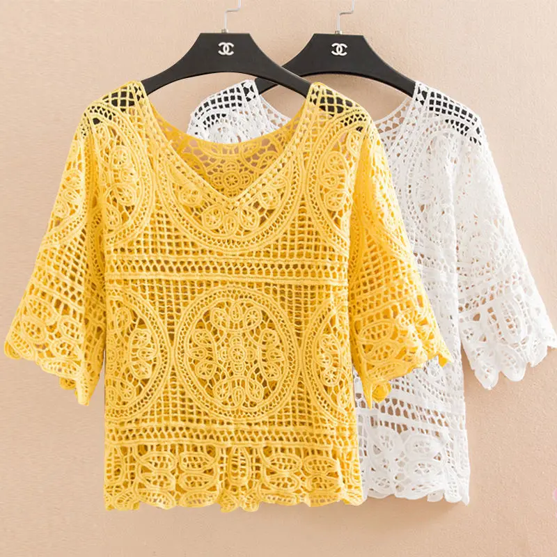 Handmake sweater summer knitted hollow crocheted small shawl blouse women\'s pullover blouse small fresh with suspender dress