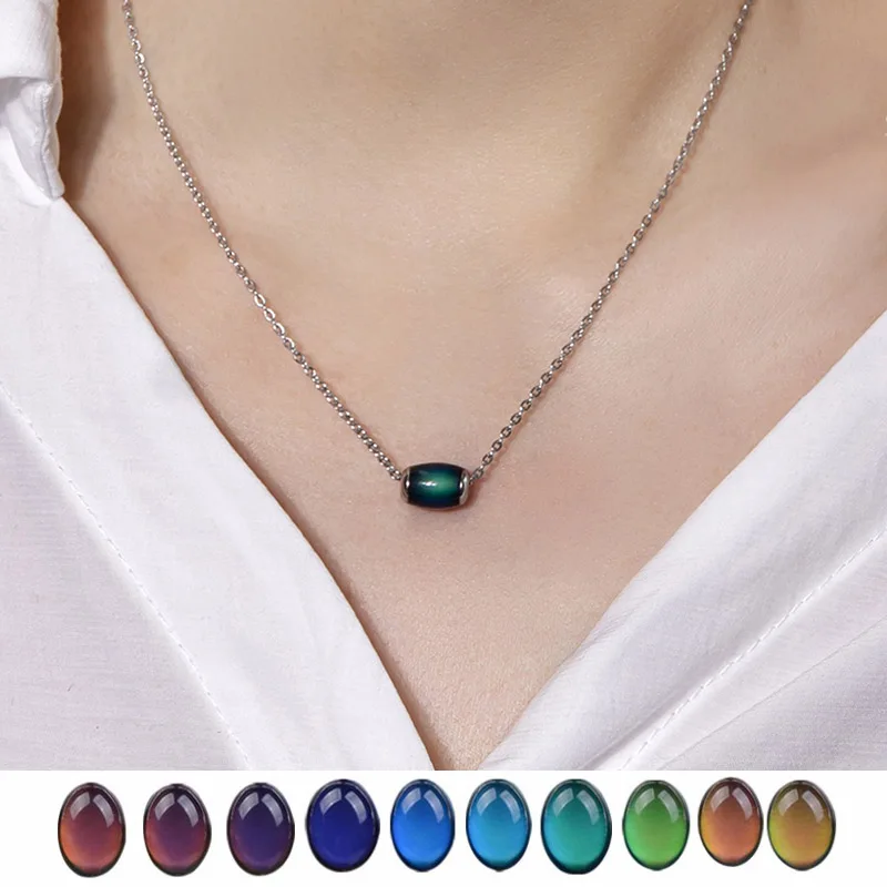 Sensor Beads Temperature Change Color Changing Mood Necklace Water Drop Heart Pendant Stainless Steel Chain Necklace