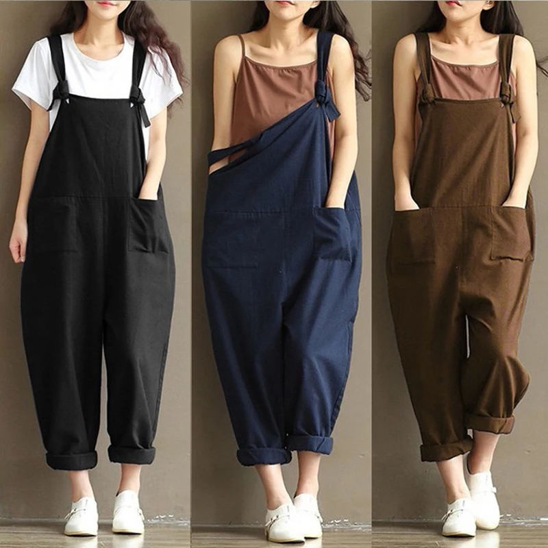 2021 Fashion Summer Women Jumpsuits Suspender Overalls Casual Loose Strap Rompers Female Solid Playsuits Long Pants S-5XL/size