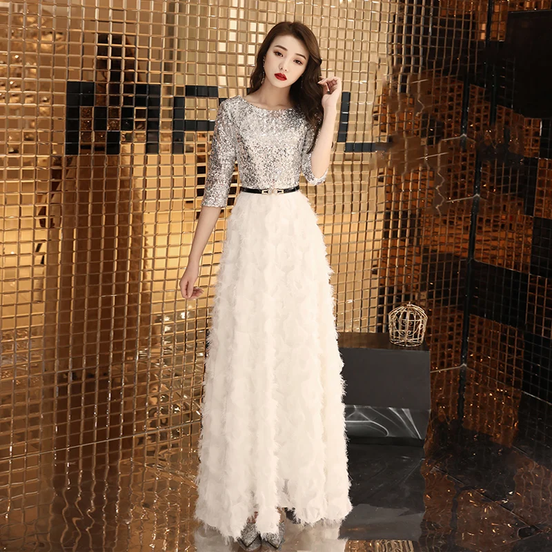 

Evening Dress Sequins O-Neck Luxurious A-Line Simple Empire Half Sleeves Zipper Back Floor-Length Woman Formal Party Gowns A1524