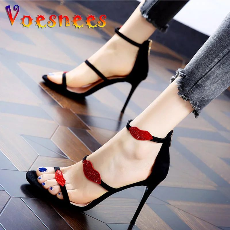 

Women Flock Sandals 9CM High Heel 2021 New Diamond Red Lips Party Sandals Female Extreme Gladiator OL Zip Office Stiletto Shoes