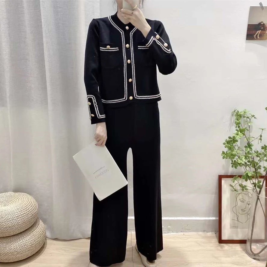 Winter Black Brief Temperament Knitted Pants Two Piece Set Women Casual Braided Trim Gold Button Cardigan Sweater + Pants Suits