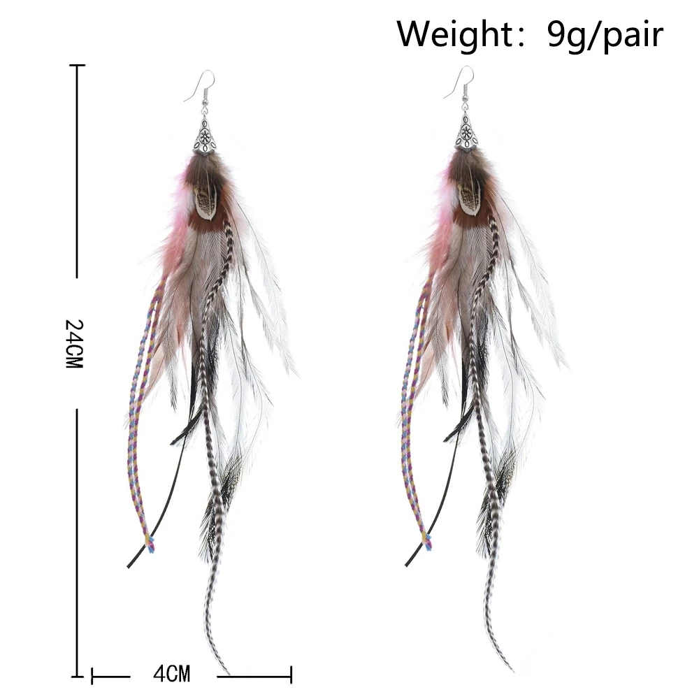 Boho Handmade Long Feather Earrings for Women Boho pendientes Jewelry Ethnic Natural Feather Earring Tribal Festival Party Gift