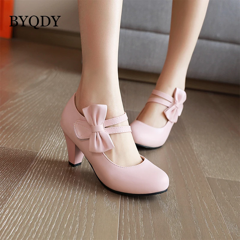 BYQDY Buckle Strap Lolita Shoes Mary Jane Pumps For Women High Heels White Pink Bow-knot Block Heels Shoes Wedding Bride Pumps