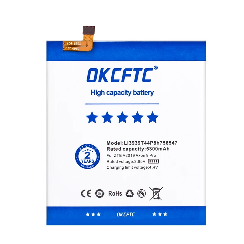 OKCFTC 5300mAh Li3939T44P8h756547 Battery For ZTE A2019 Pro AXON 9 Pro A2020 A2020N2 Axon 10 Pro 5G Mobile Phone High Quality